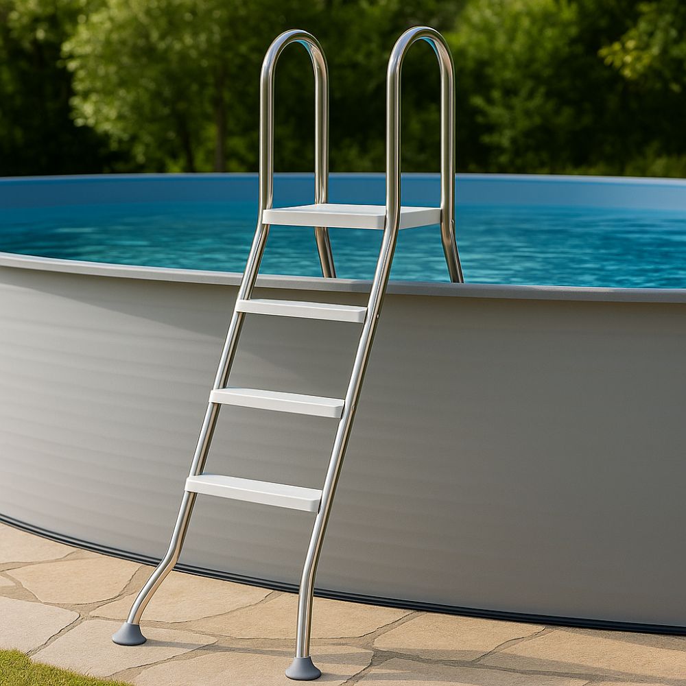 Aufstellbeckenleiter V2A - 4-stufig für Aufstellpools 1,20m oder 1,35m – Anwendungsbeispiel am Pool