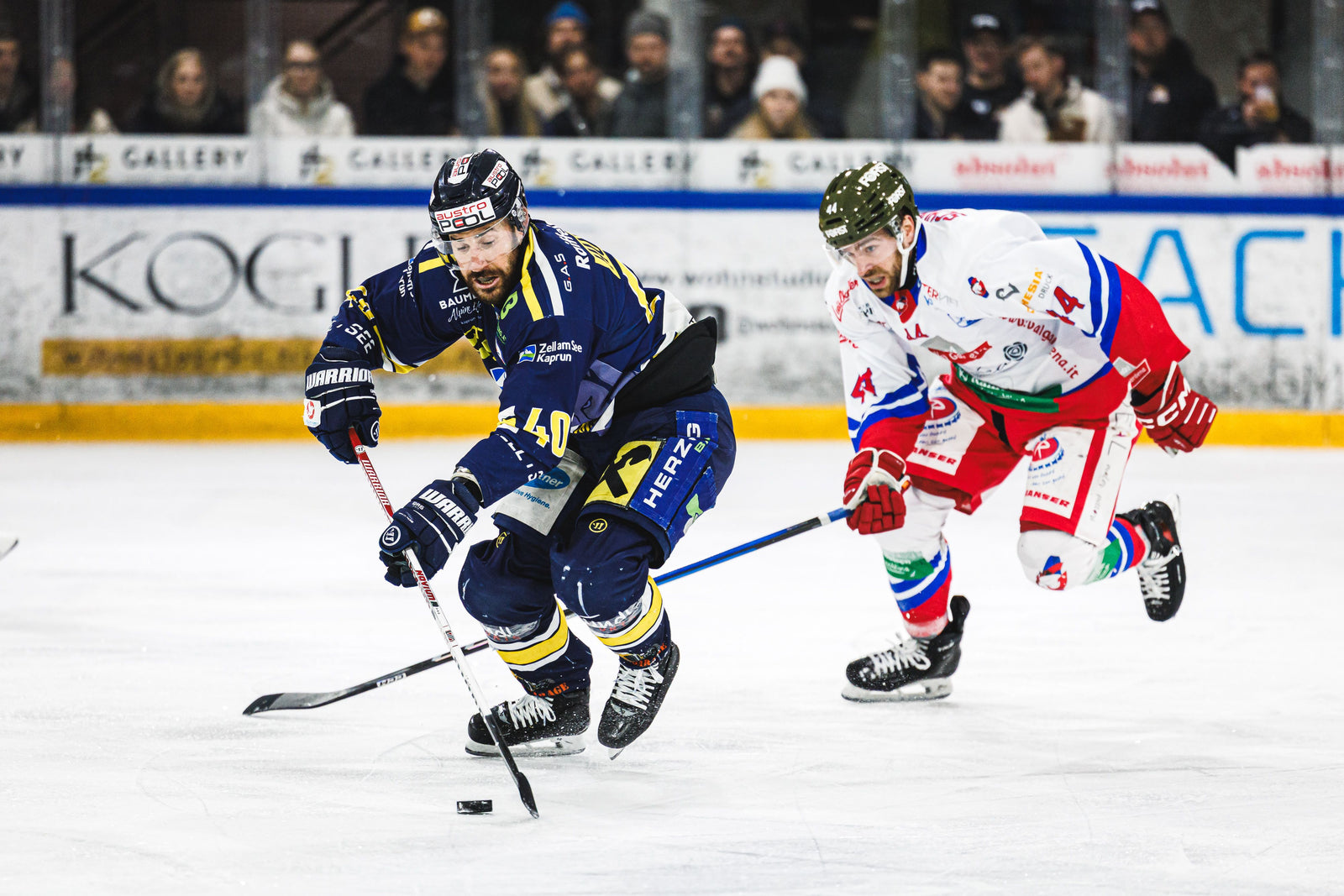 Spielszene der Zeller Eisbären mit Austropool-Logo am Helm | Foto: Johannes Radlwimmer