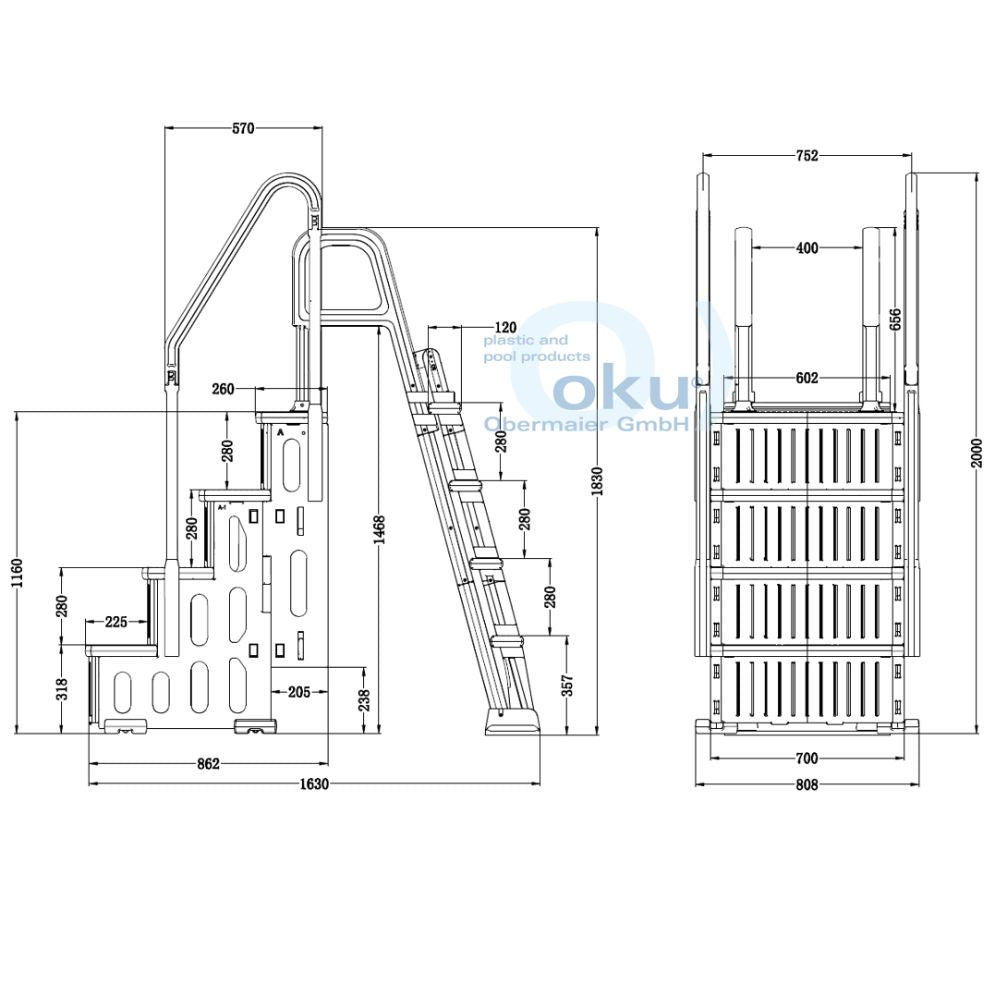 OKU Pooltreppe 4-stufig aus Kunststoff mit 5-stufiger Leiter für Aufstellpools – Produktansicht 3