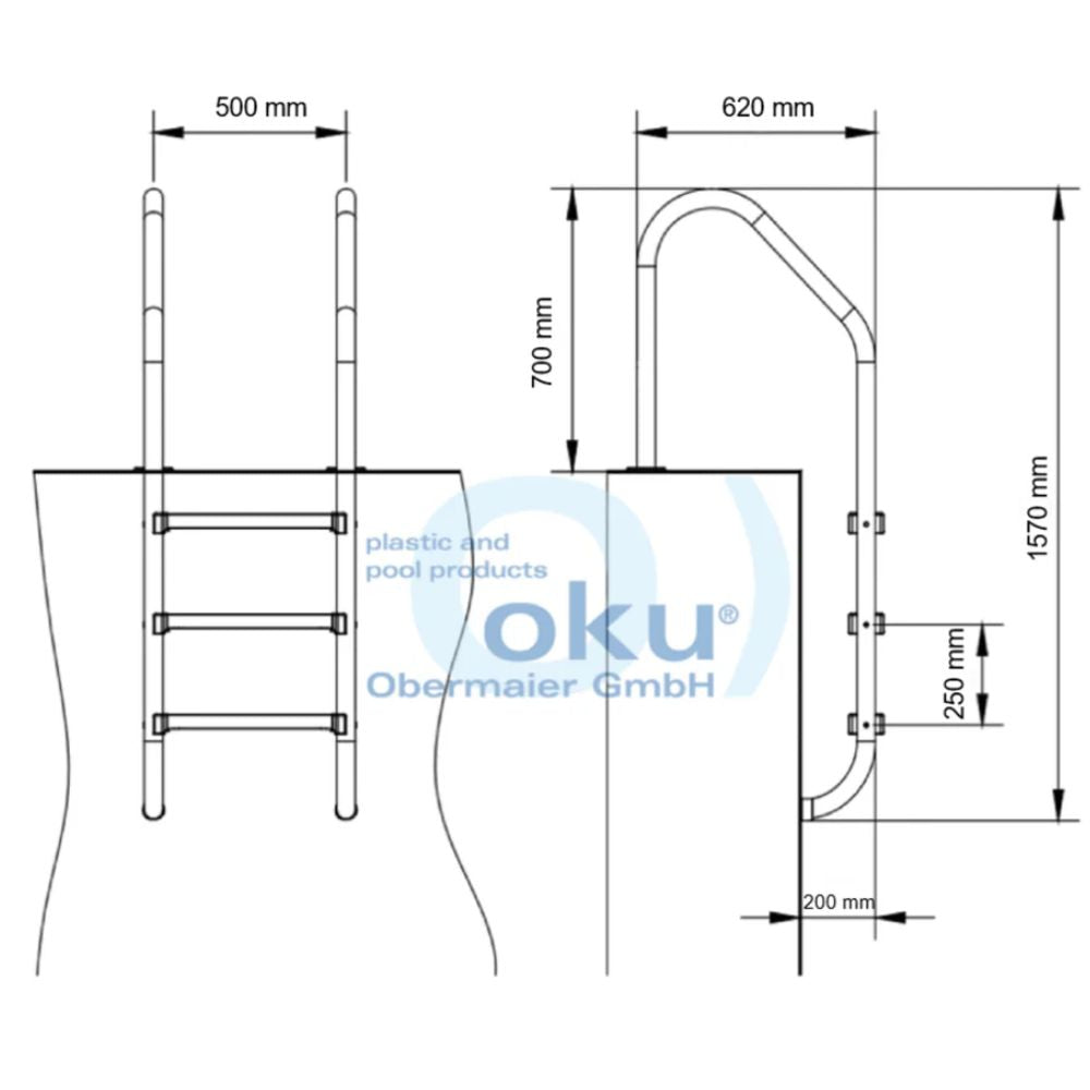 Poolleiter Basic weiter Holm 3-stufig V2A Edelstahl – Produktansicht 3