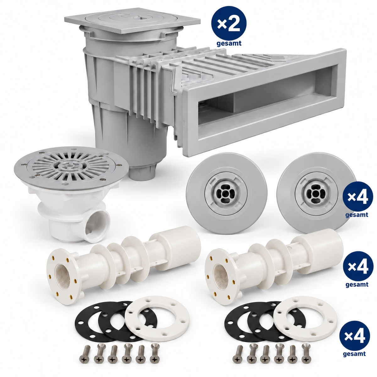 ASTRAL Einbauteile-Set Slim – 2 Skimmer, 4 Einlaufdüsen & 1 Bodenablauf