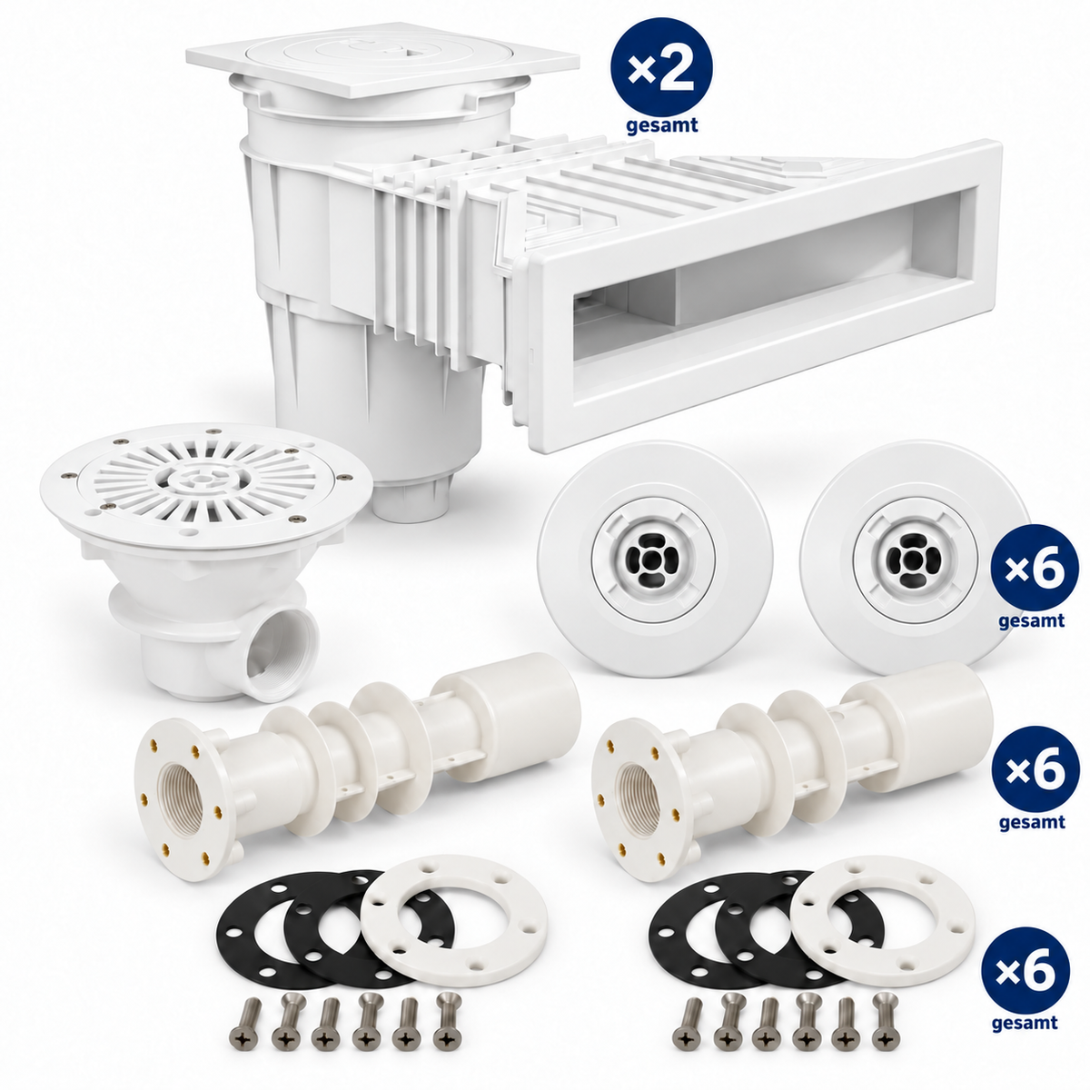 ASTRAL Einbauteile-Set Slim – 2 Skimmer, 6 Einlaufdüsen & 1 Bodenablauf