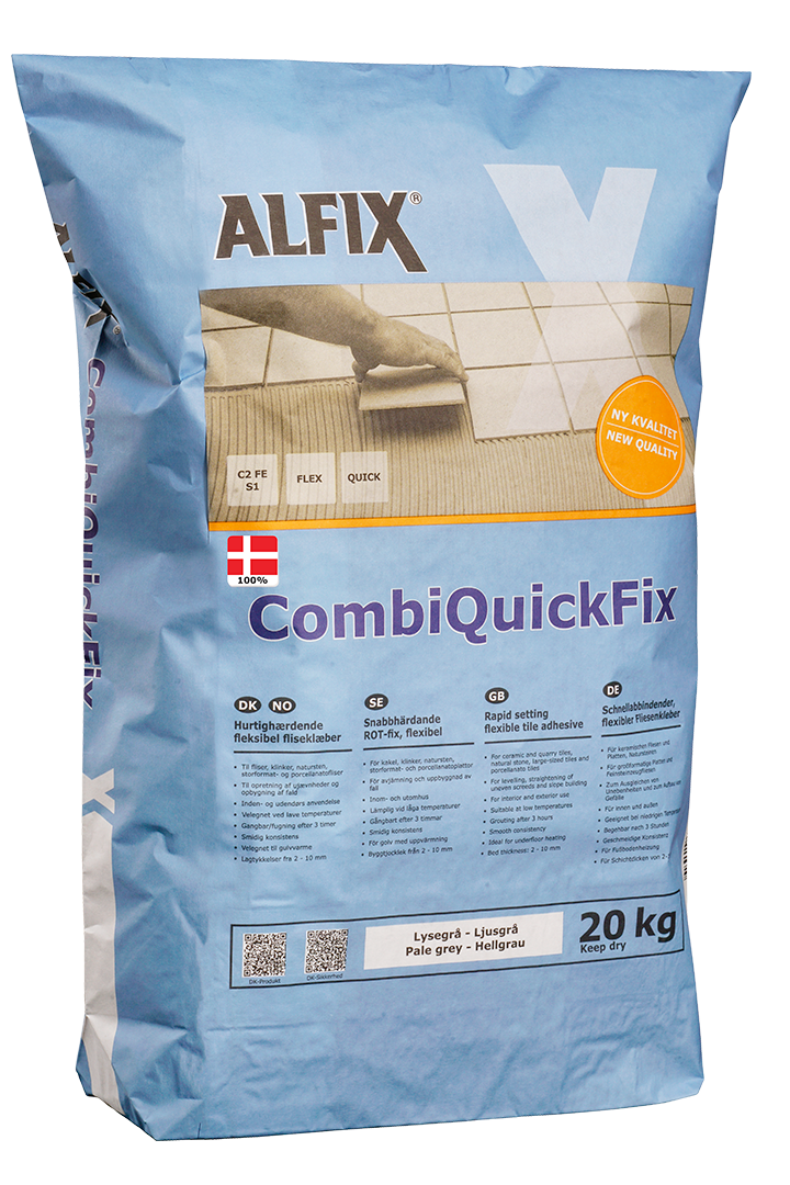 Alfix Combi QuickFix – schnell abbindender Kleber als Beispiel für helle Natursteine; ersetzt je Steinart ProFix, nicht zusätzlich