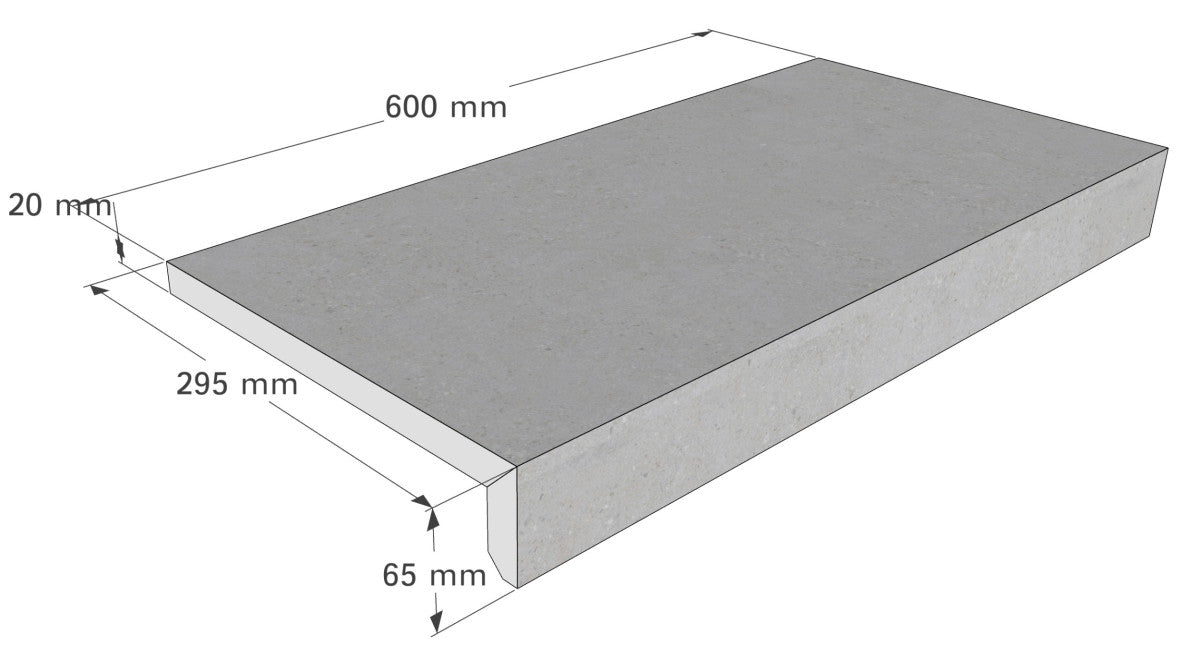 Scandi-Roc Firenze – Hersteller-Profilzeichnung des geraden Steins, 600 × 295 mm, 20 mm Materialstärke, 65 mm Profilhöhe