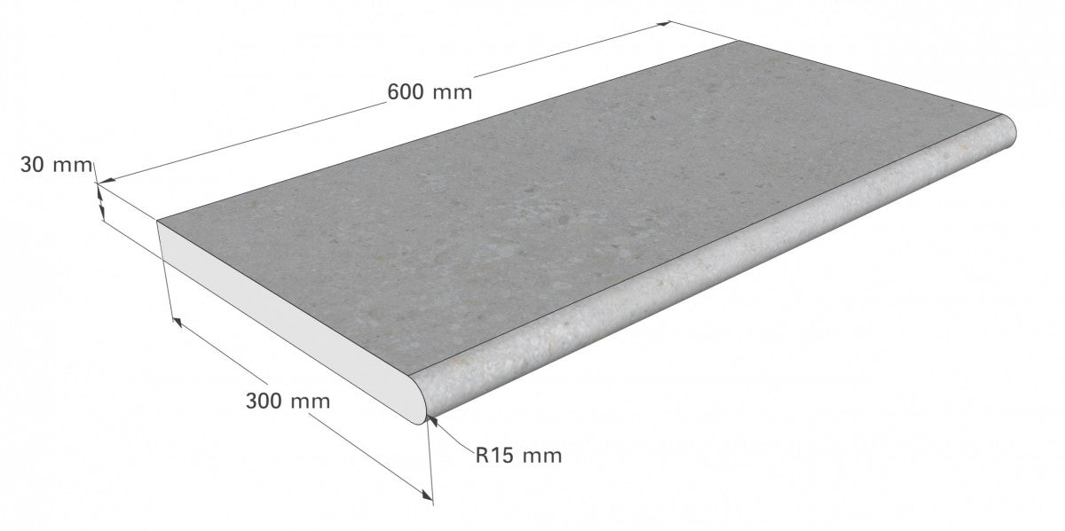 Scandi-Roc Kiruna – Hersteller-Profilzeichnung des geraden Steins, 600 × 300 × 30 mm, Kantenradius 15 mm