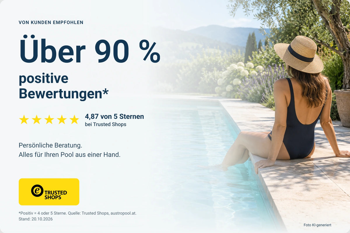 Über 90 % positive Bewertungen bei Trusted Shops. 4,87 von 5 Sternen, Stand 20.10.2026. Positiv bedeutet 4 oder 5 Sterne. Persönliche Beratung und alles für Ihren Pool aus einer Hand.