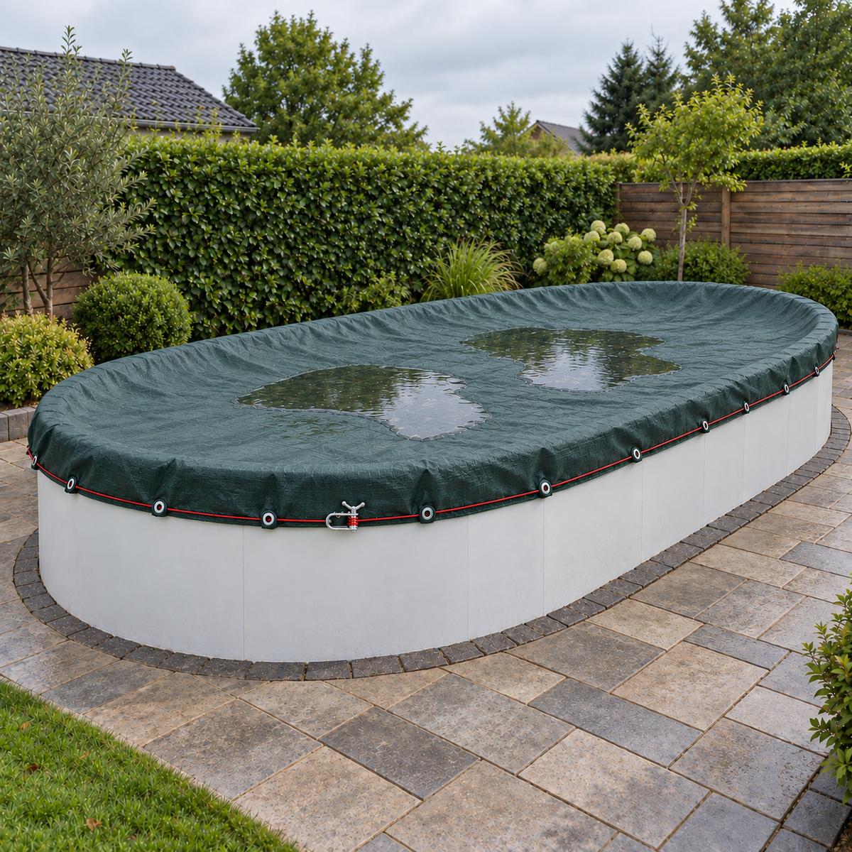 Grüne Winterabdeckplane mit Spannseil auf einem ovalen Pool im Garten