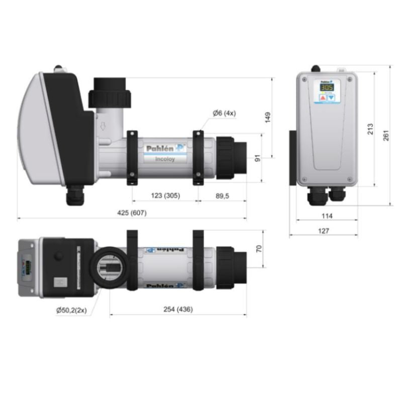 Pahlen Pool Elektroheizer Kunststoff Heizstab Titan 15kW - digital – Maßzeichnung mit Abmessungen