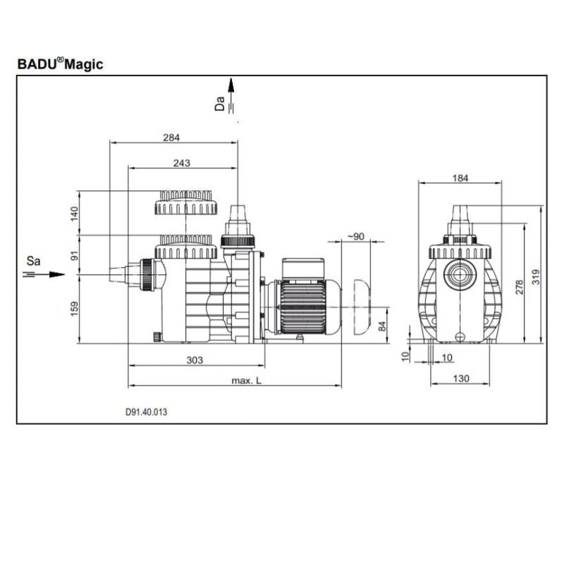 Speck Badu Magic II 6 - Pool Filterpumpe 6m³/h – Maßzeichnung mit Abmessungen